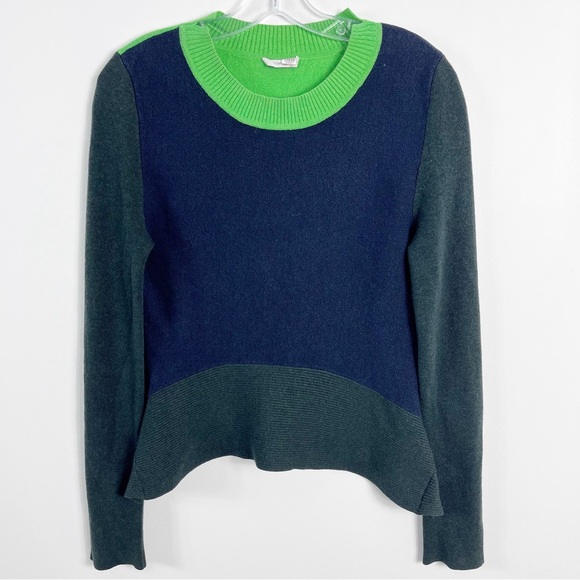 Tome Three Tone Merino Wool Blend Colorblock Sweater Size Small Navy Gray Lime - Picture 2 of 7